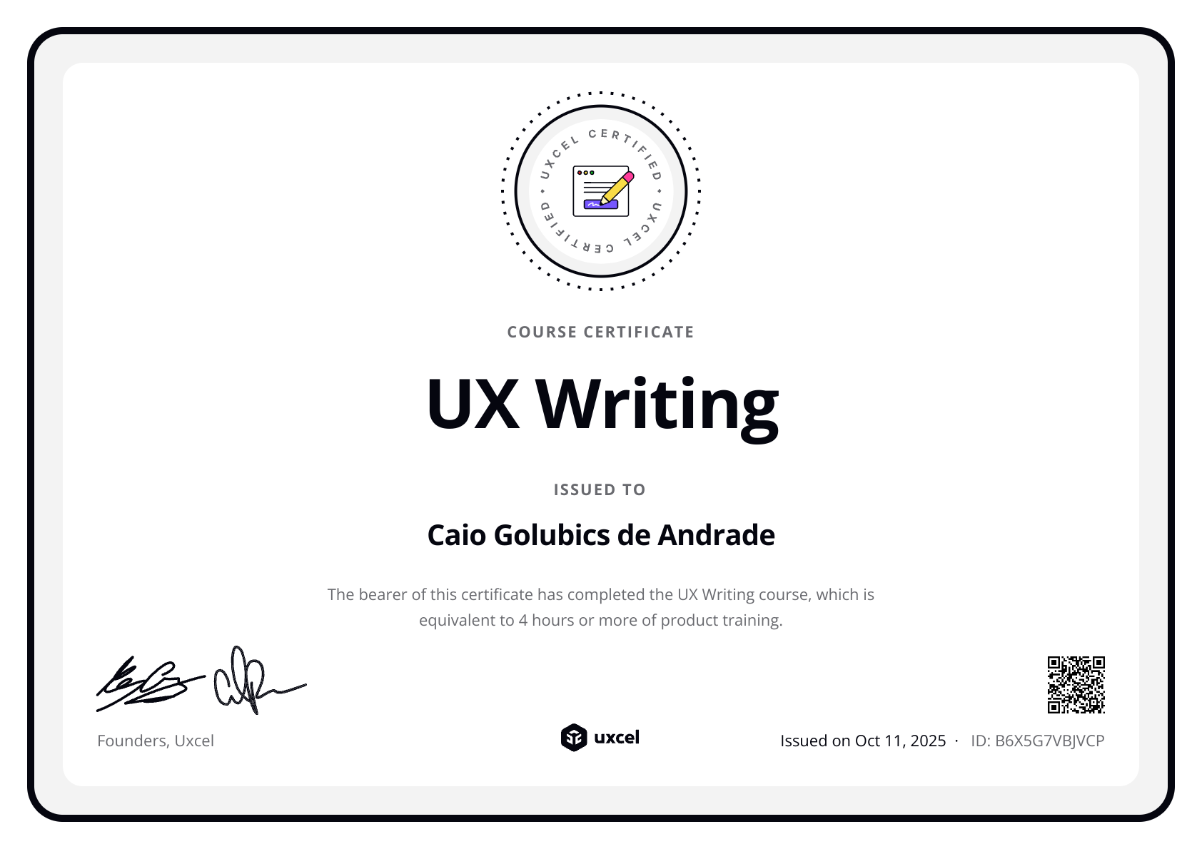 Caio Andrade's certificate